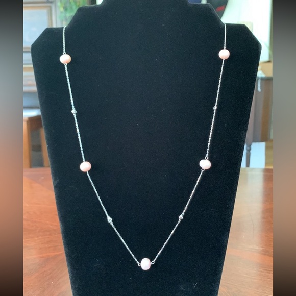 Genuine Pink Pearl, CZ, Sterling Silver Necklace - Picture 2 of 9